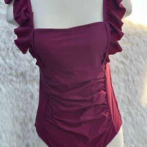 Ruffled Burgundy One-Piece Swimsuit New UPF 50t